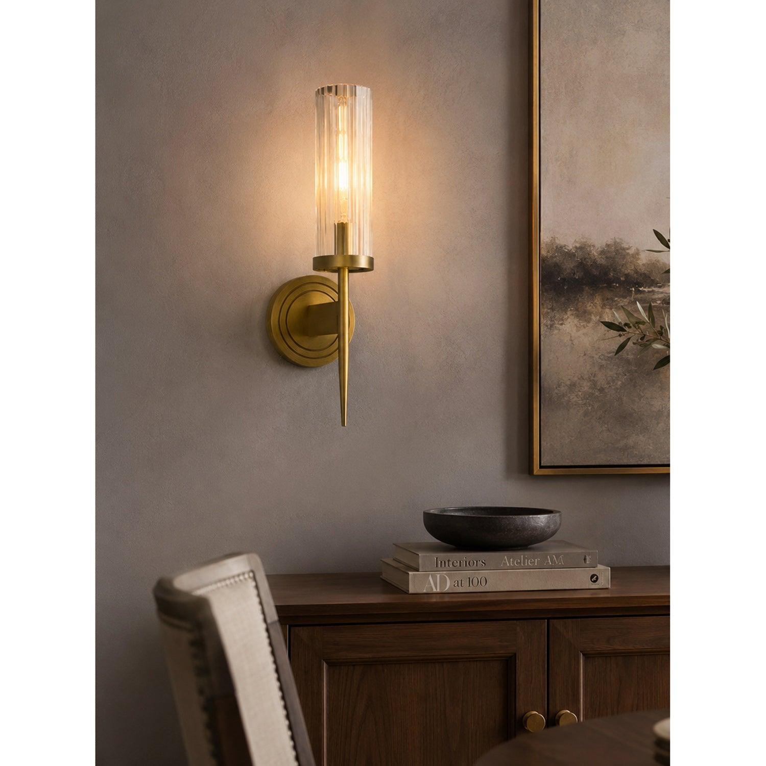 Fluted Clear Glass Wall Sconce with Brass Finial