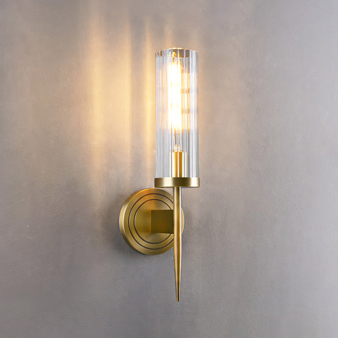 Fluted Clear Glass Wall Sconce with Brass Finial