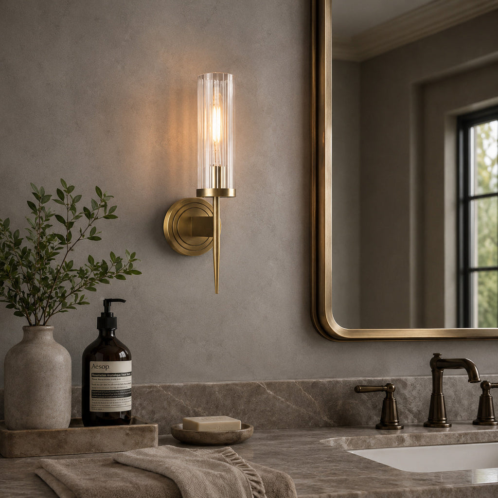 Fluted Clear Glass Wall Sconce with Brass Finial