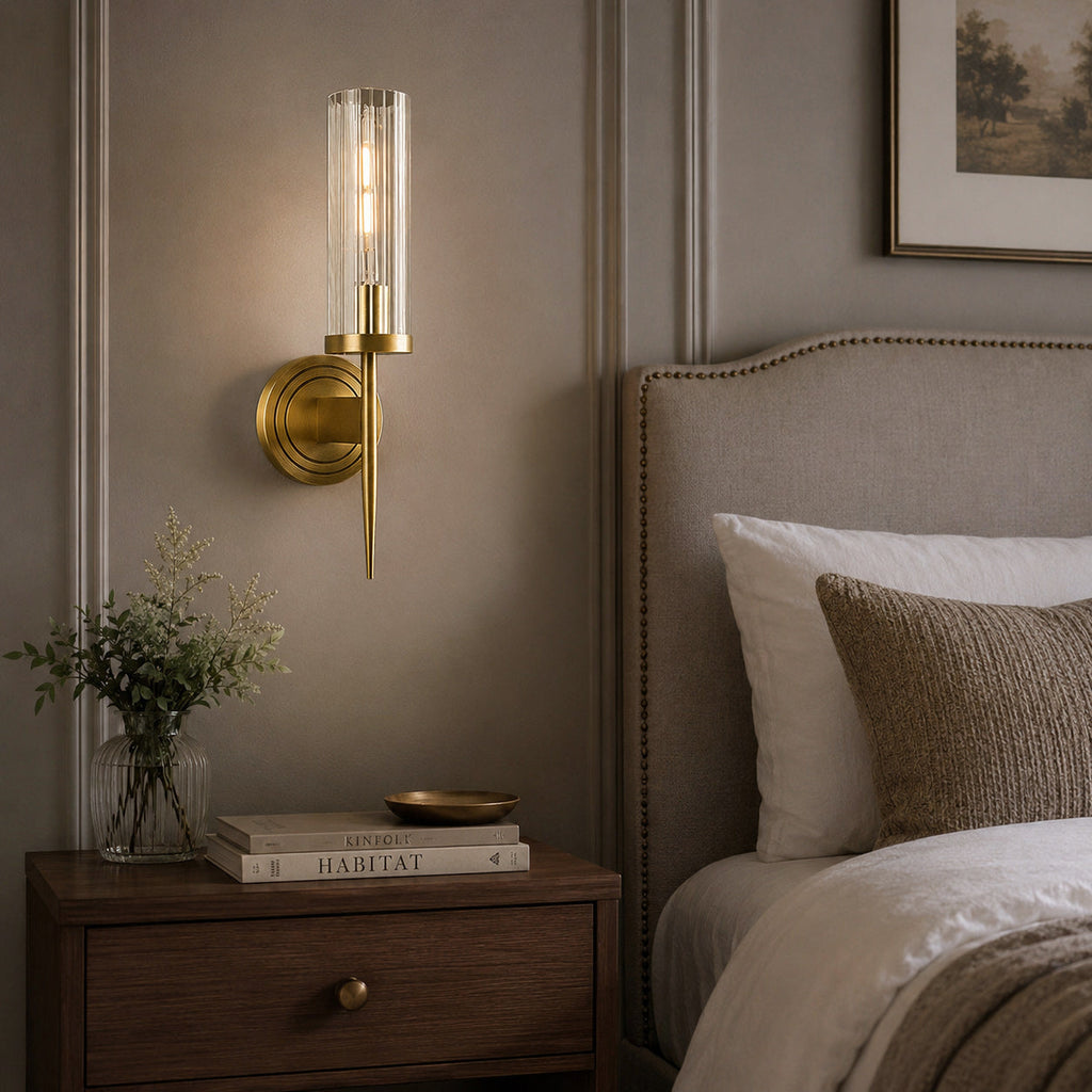 Fluted Clear Glass Wall Sconce with Brass Finial