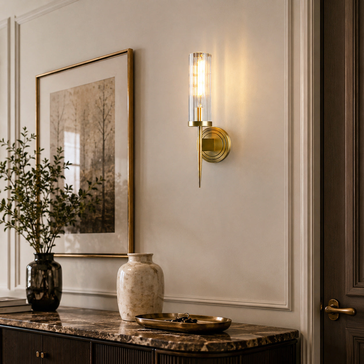 Fluted Clear Glass Wall Sconce with Brass Finial