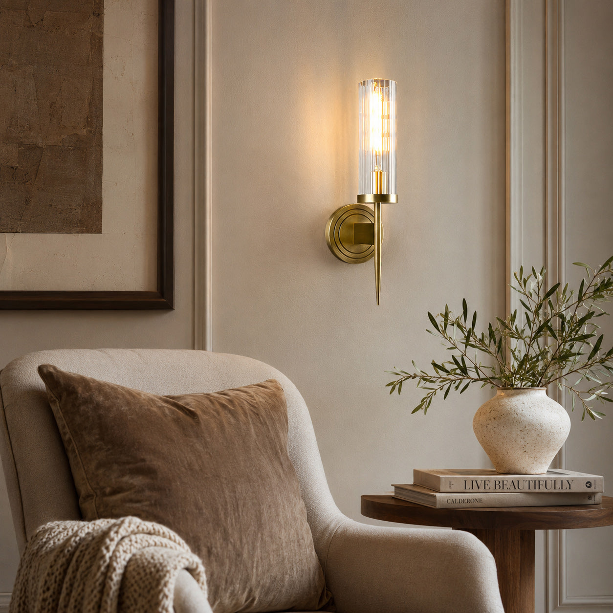 Fluted Clear Glass Wall Sconce with Brass Finial