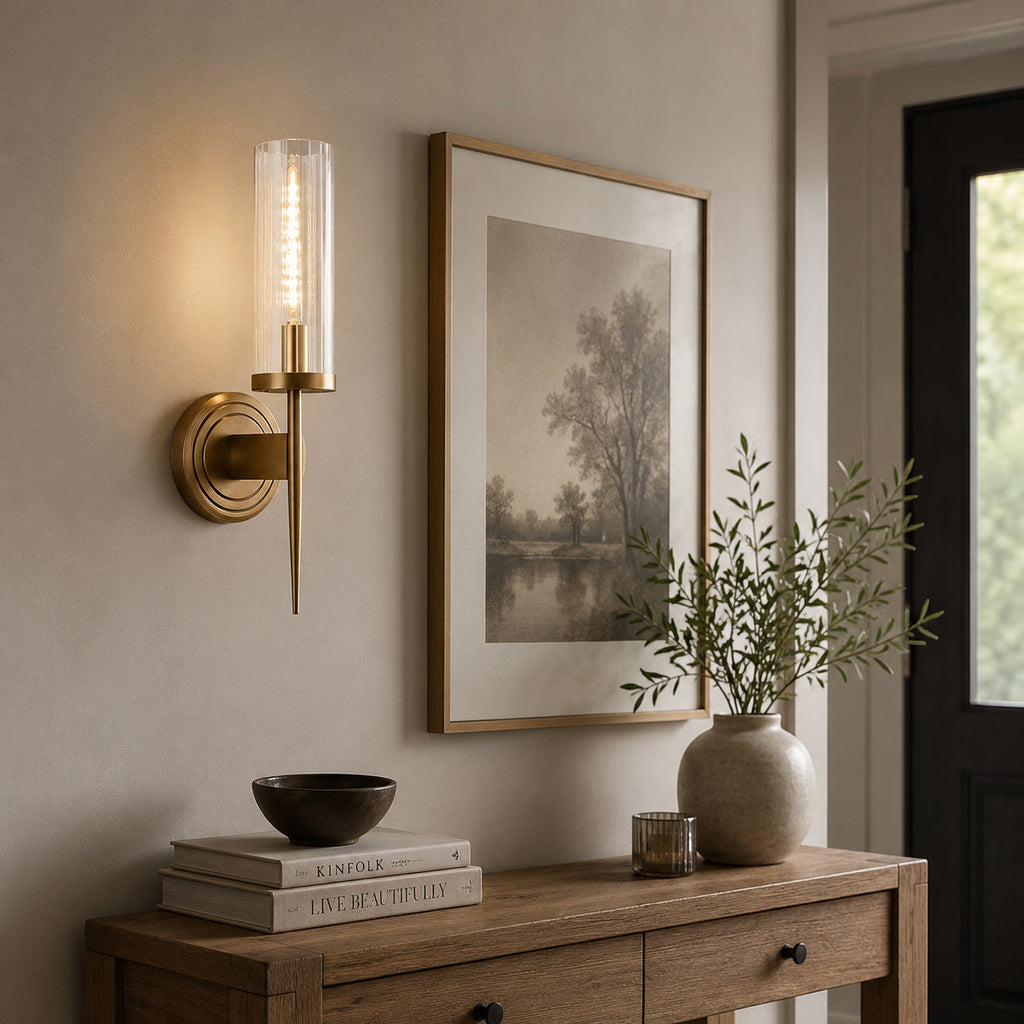 Fluted Clear Glass Wall Sconce with Brass Finial