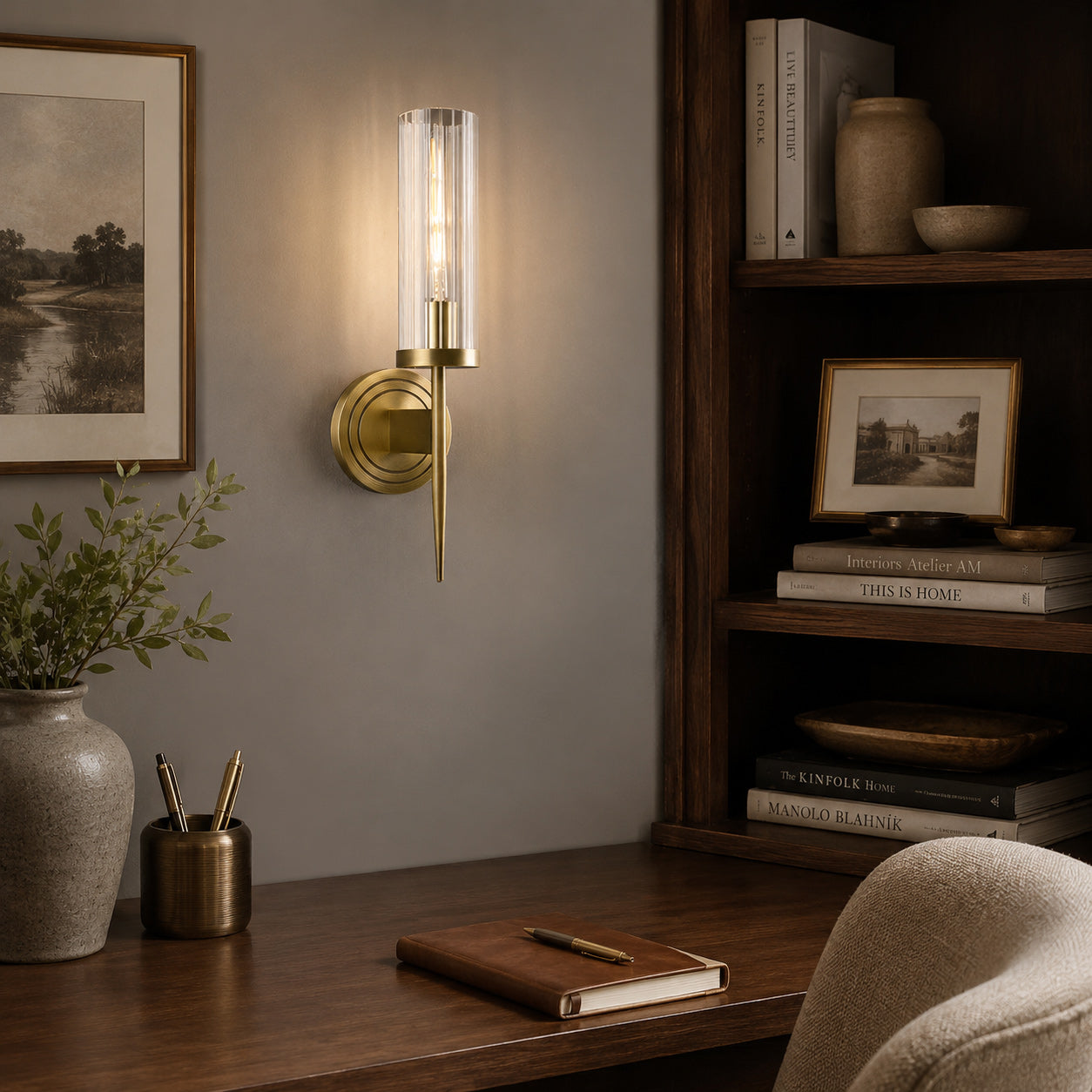 Fluted Clear Glass Wall Sconce with Brass Finial