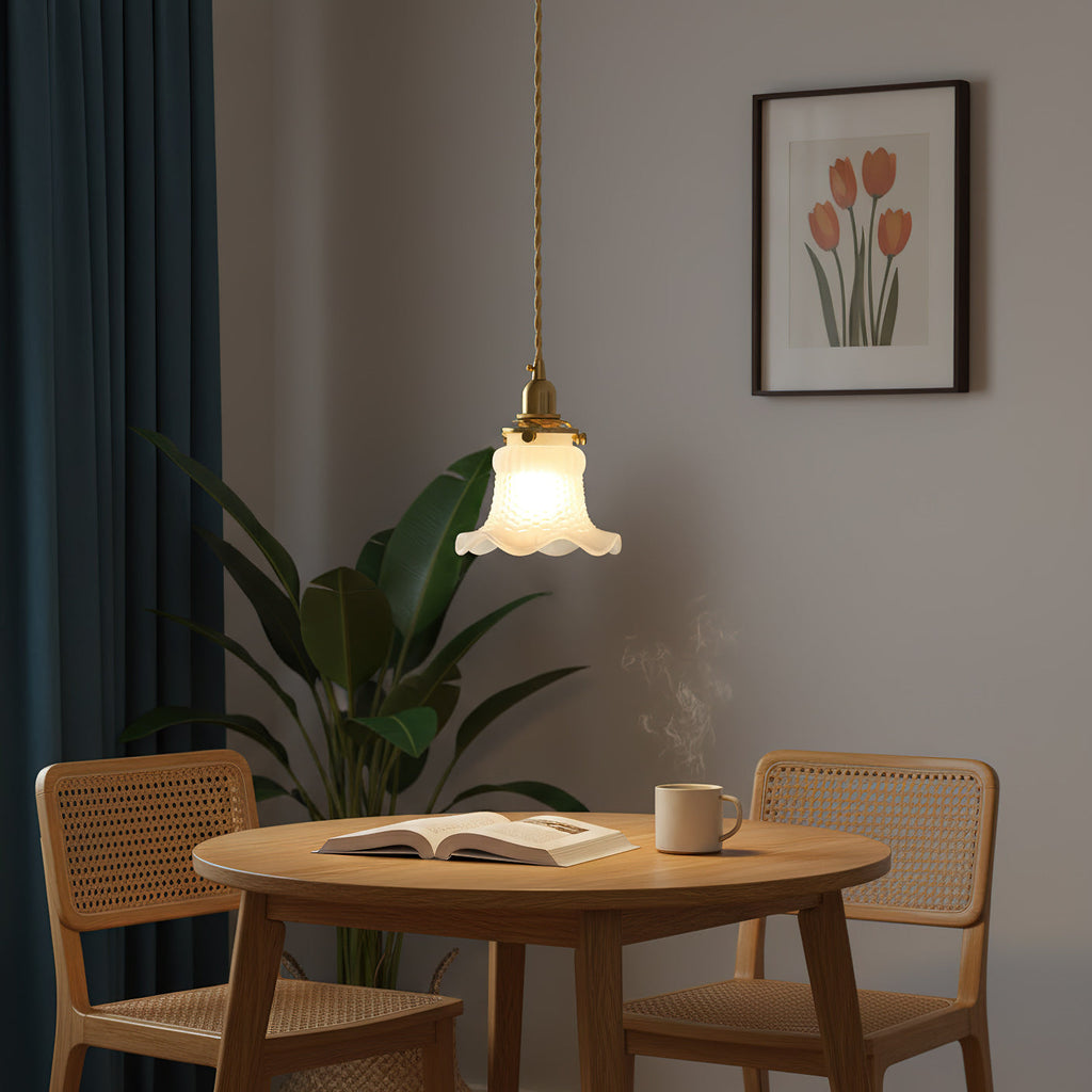Flower-Shaped Glass Pendant Light with Brass Frame