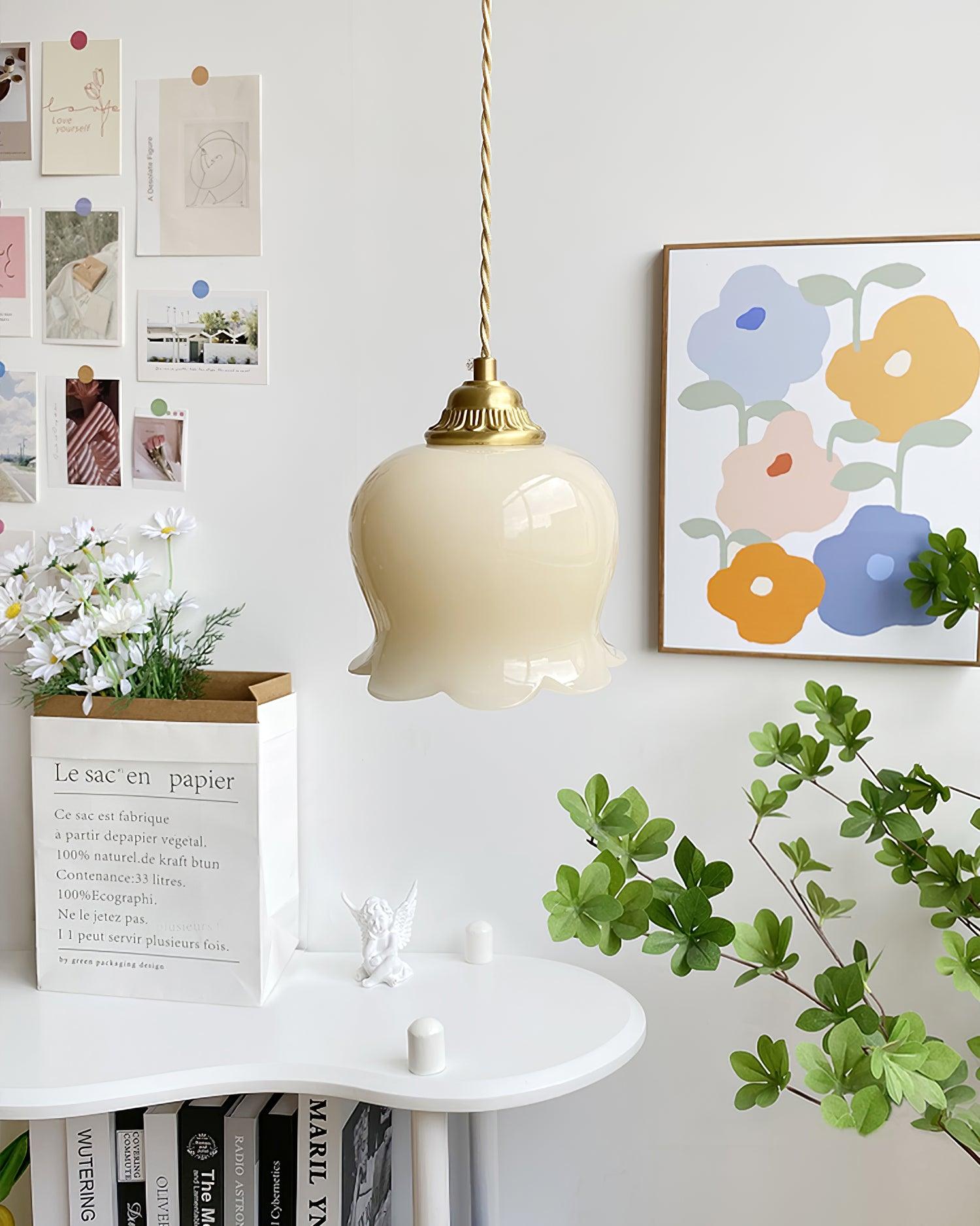 Vintage Brass Petal Glass Pendant Light 1-Light