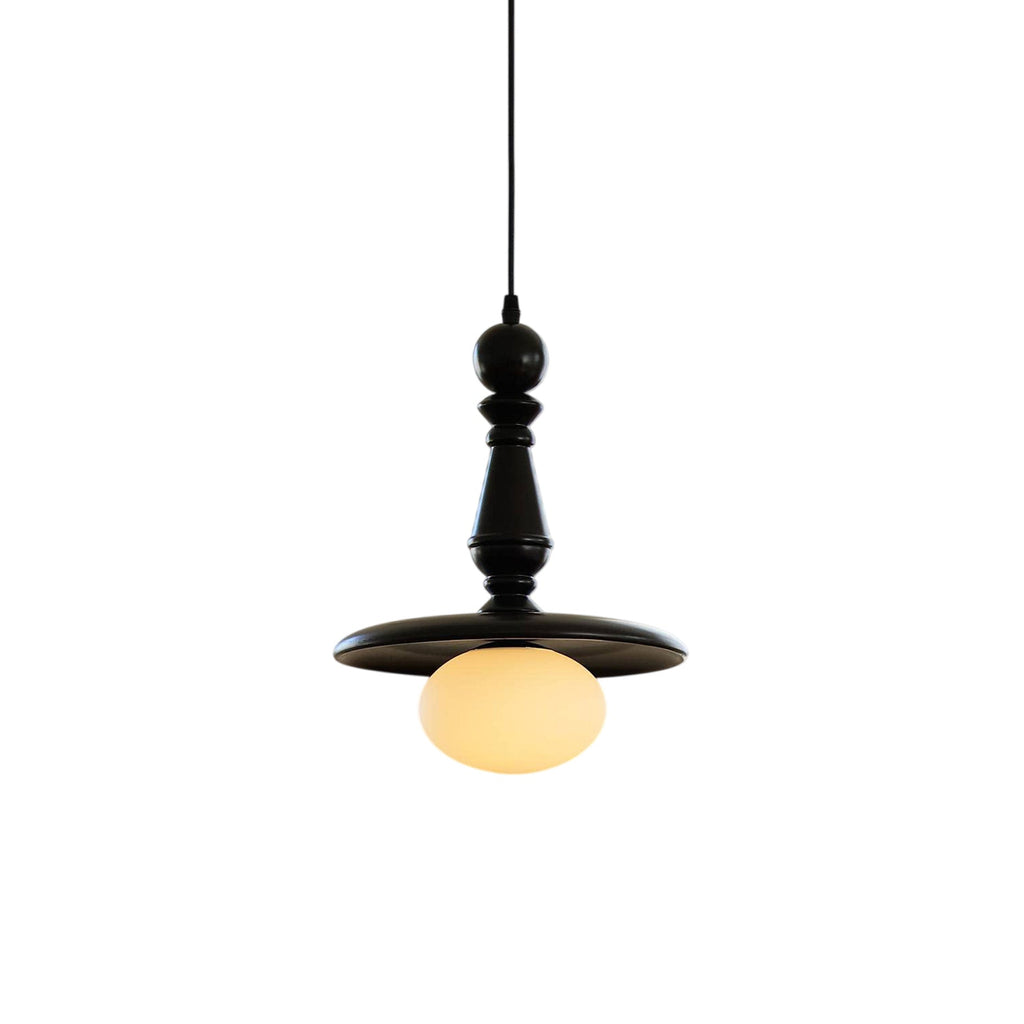 Turned Wood Spindle Pendant with Frosted Glass Globe
