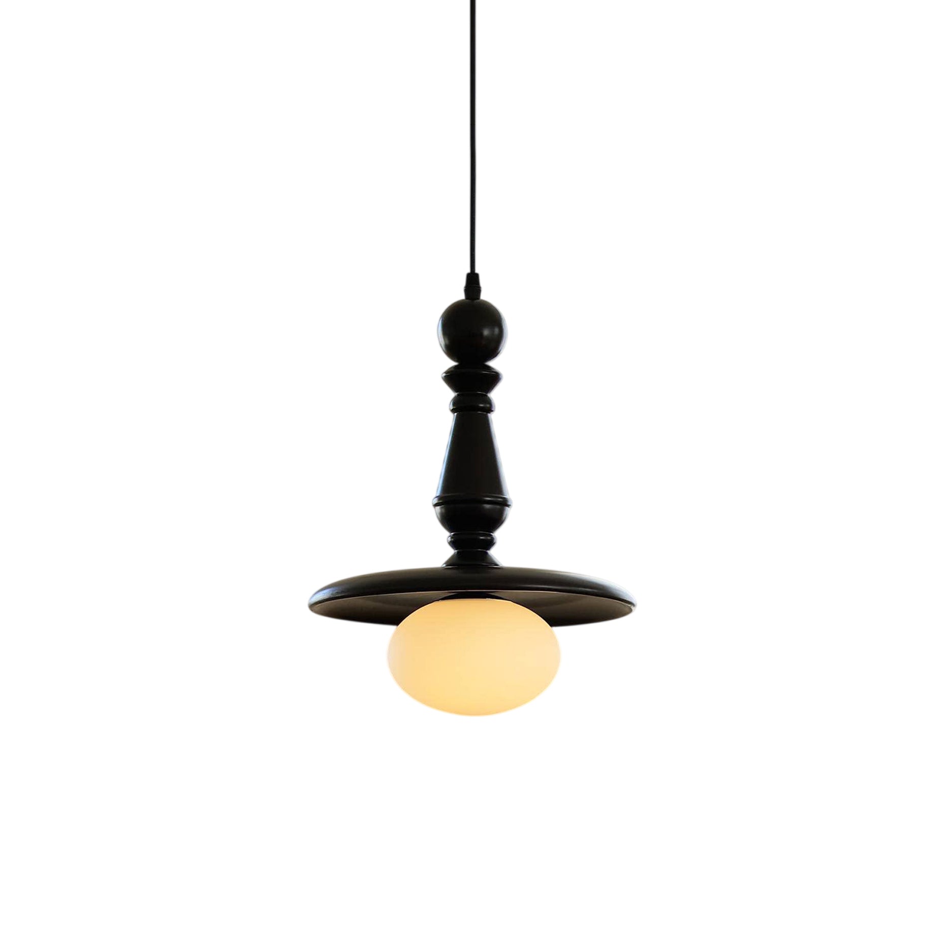Turned Wood Spindle Pendant with Frosted Glass Globe