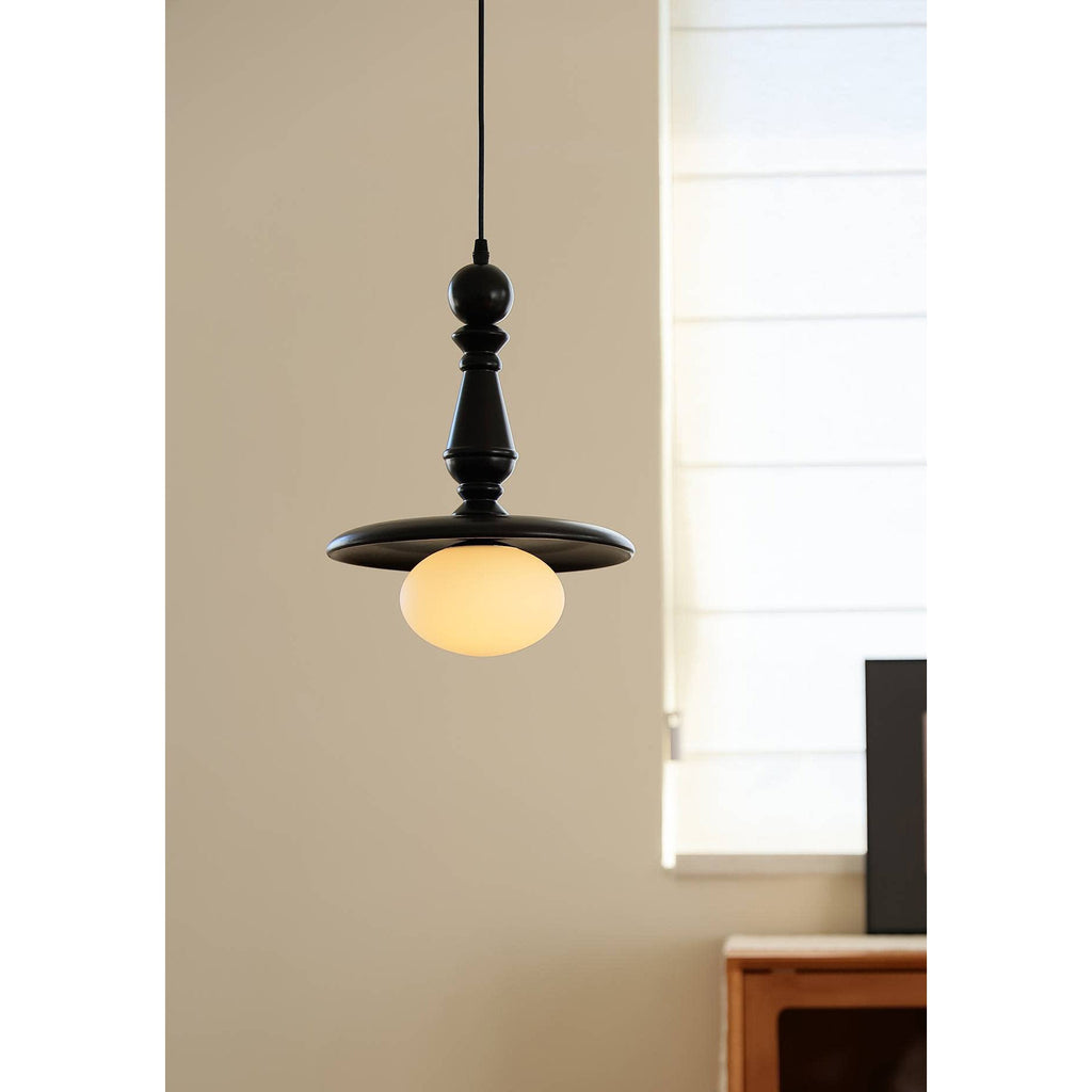 Turned Wood Spindle Pendant with Frosted Glass Globe