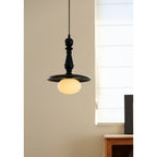 Turned Wood Spindle Pendant with Frosted Glass Globe
