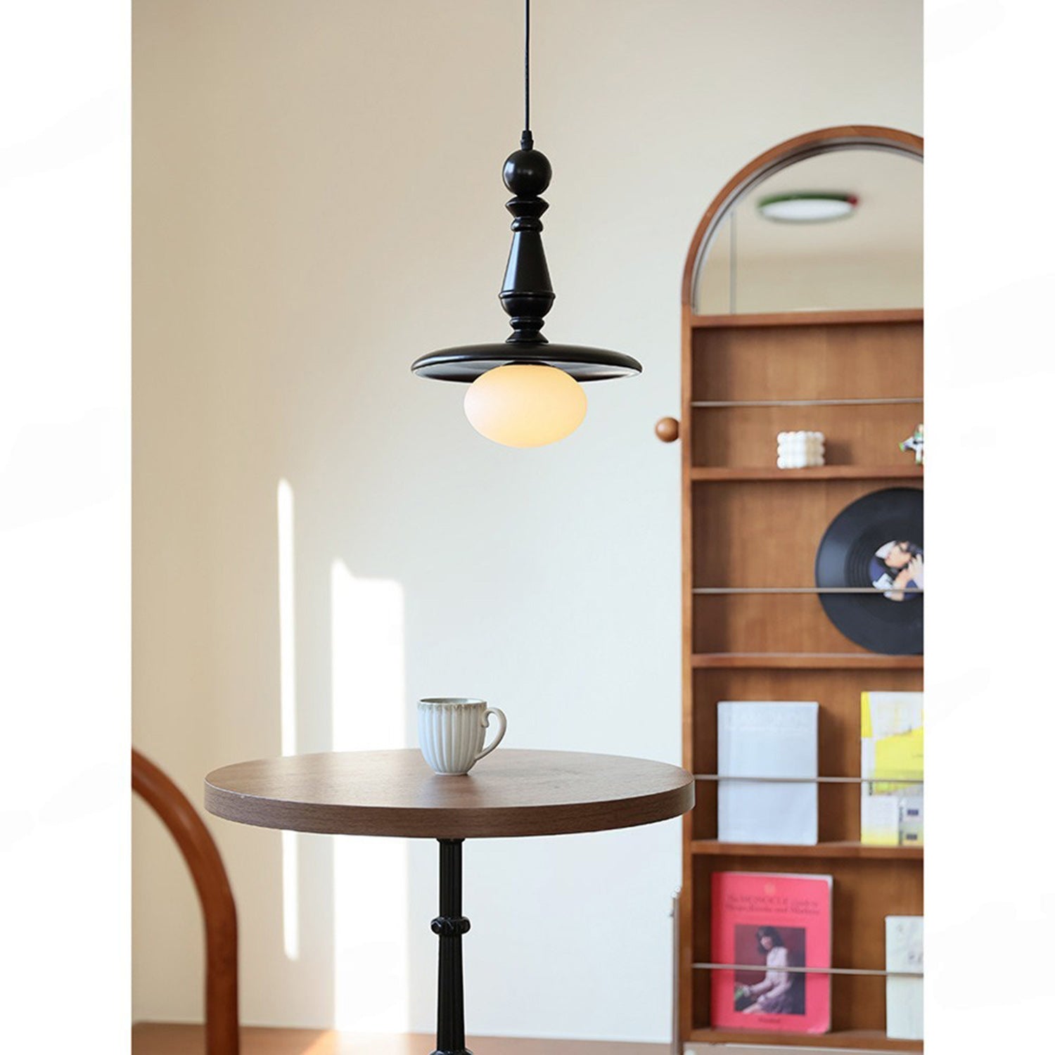 Turned Wood Spindle Pendant with Frosted Glass Globe