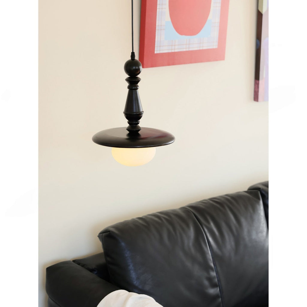 Turned Wood Spindle Pendant with Frosted Glass Globe