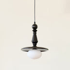 Turned Wood Spindle Pendant with Frosted Glass Globe