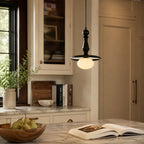 Turned Wood Spindle Pendant with Frosted Glass Globe