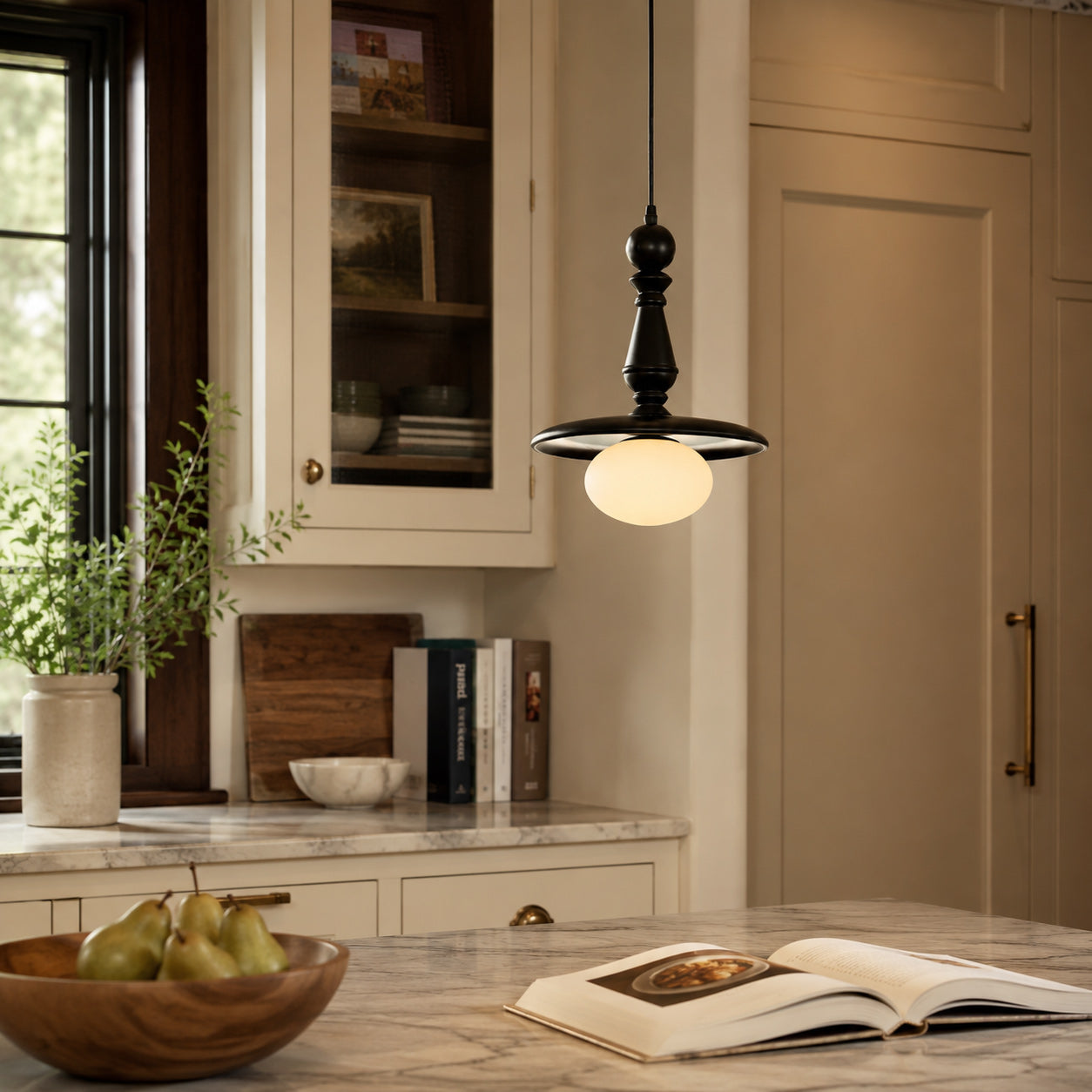 Turned Wood Spindle Pendant with Frosted Glass Globe