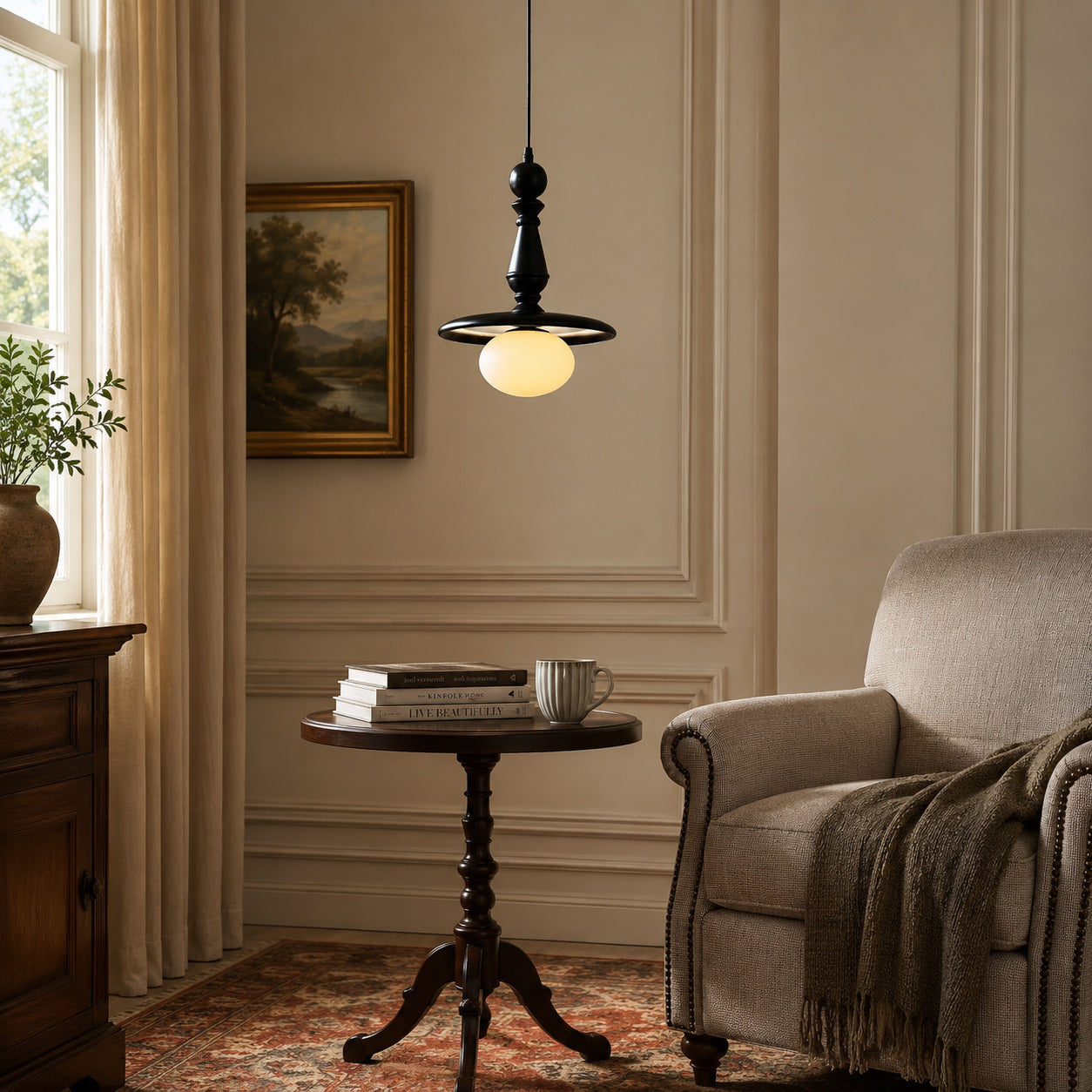 Turned Wood Spindle Pendant with Frosted Glass Globe