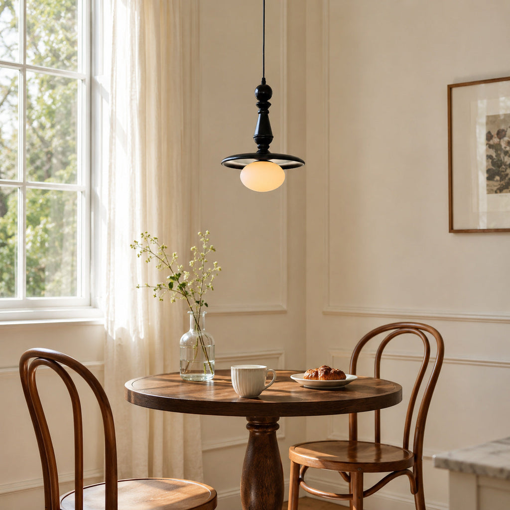 Turned Wood Spindle Pendant with Frosted Glass Globe