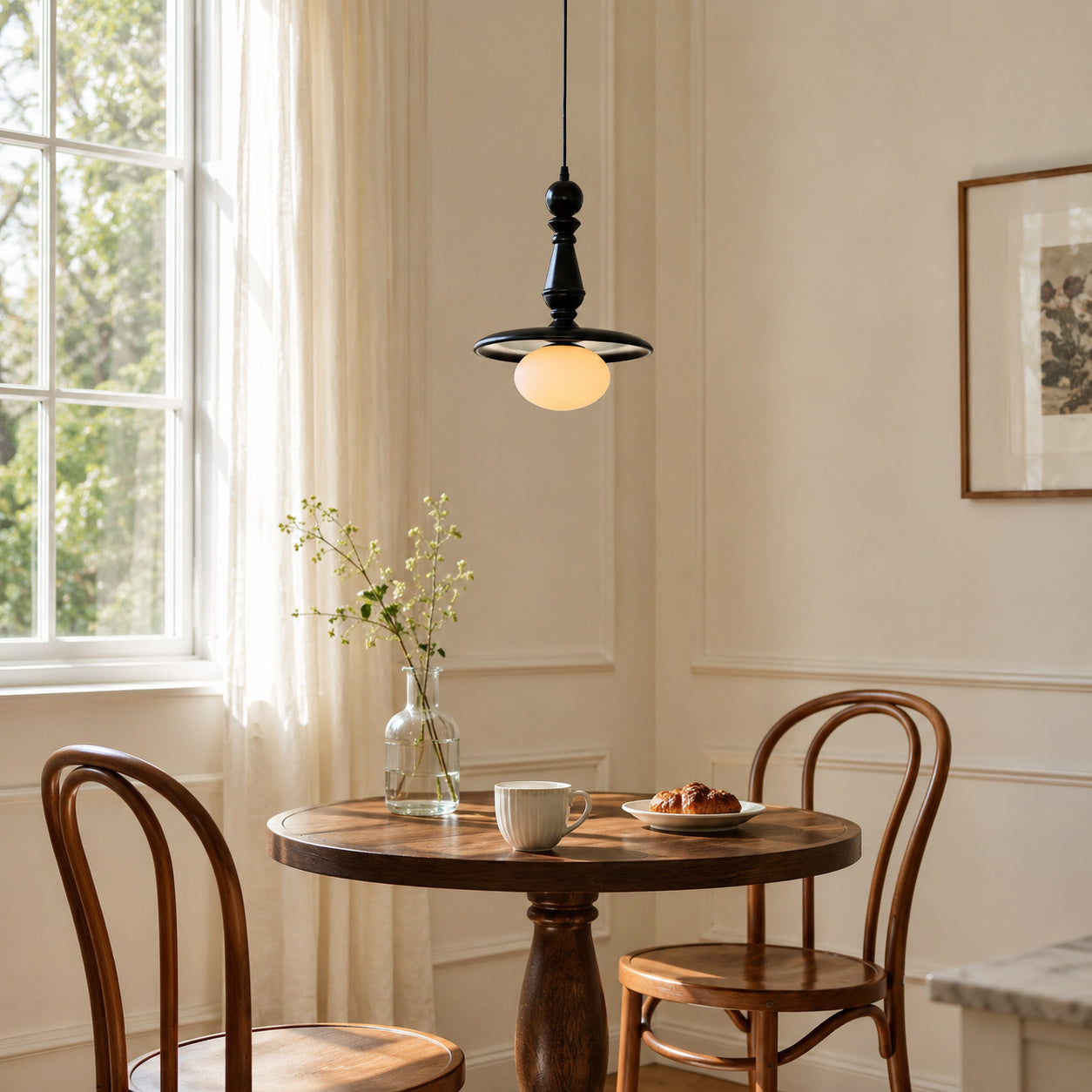 Turned Wood Spindle Pendant with Frosted Glass Globe