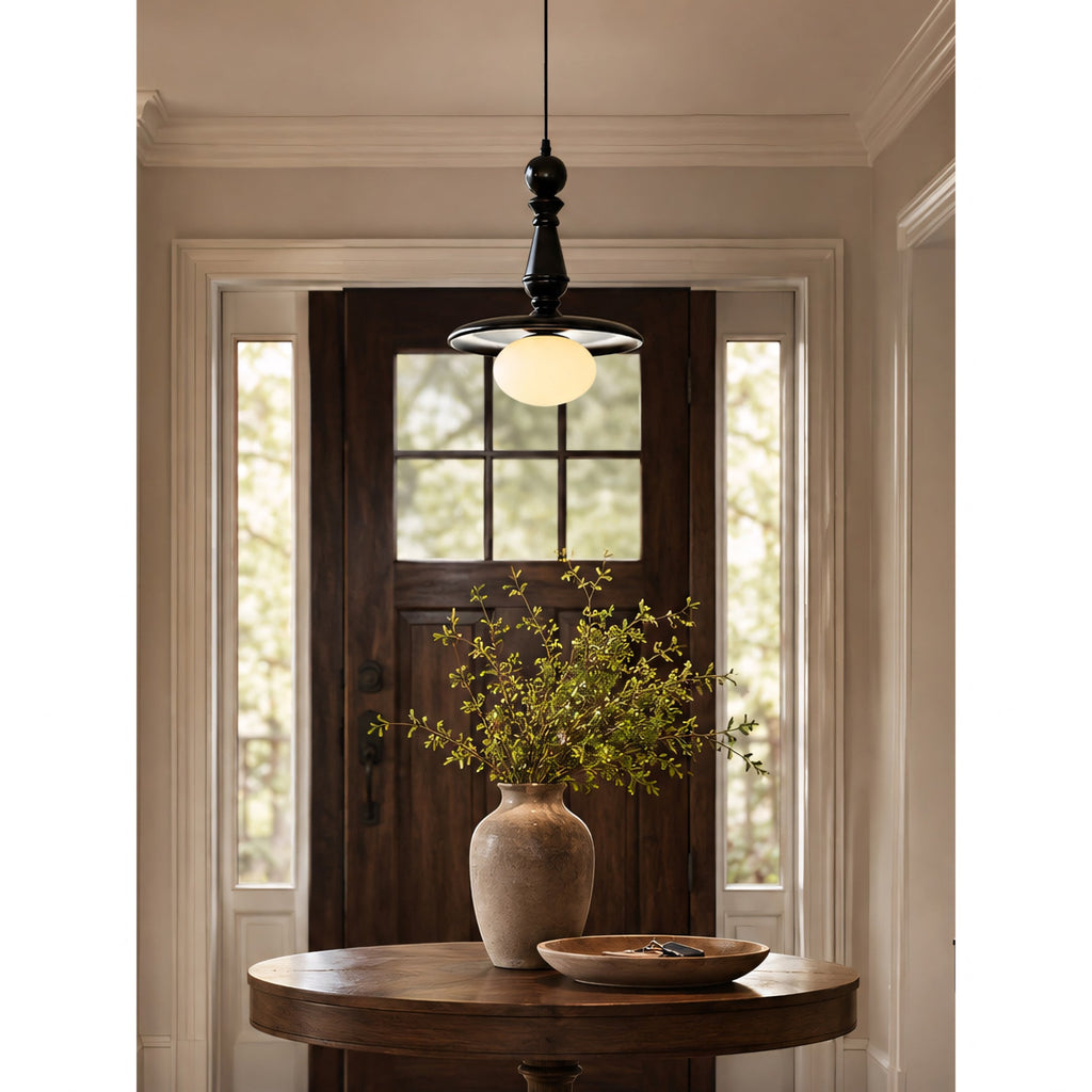Turned Wood Spindle Pendant with Frosted Glass Globe