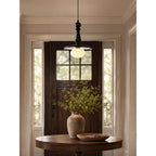 Turned Wood Spindle Pendant with Frosted Glass Globe