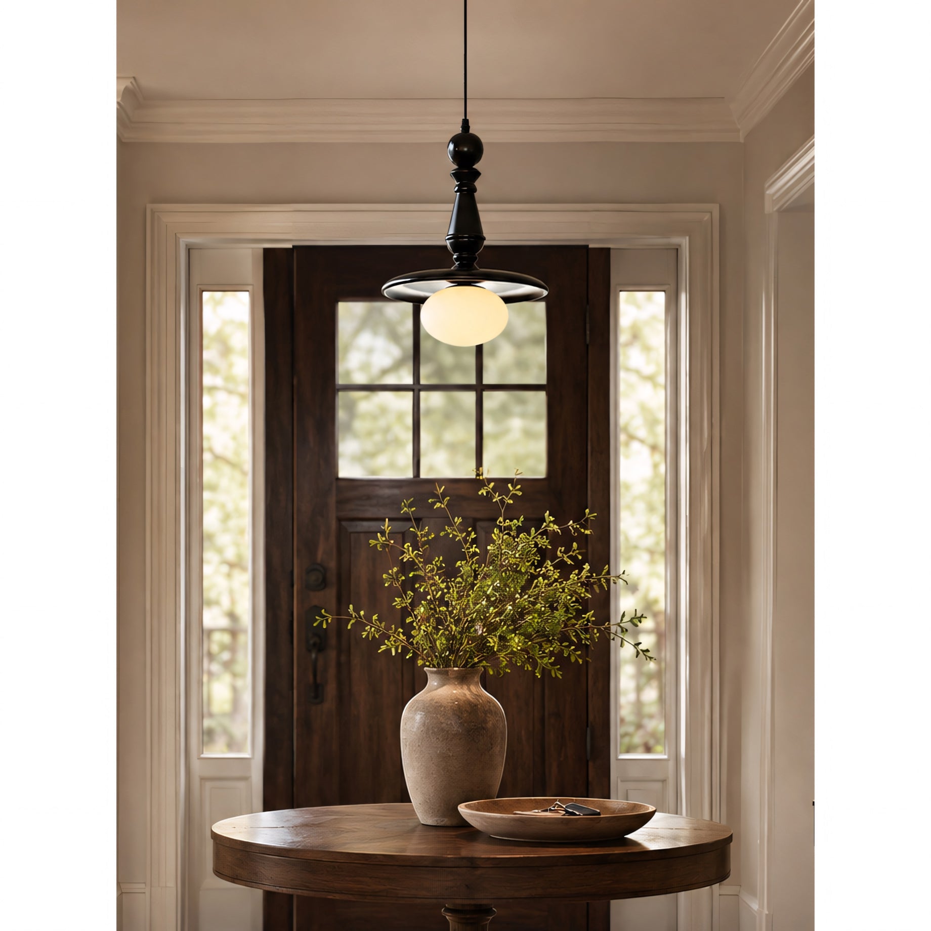 Turned Wood Spindle Pendant with Frosted Glass Globe