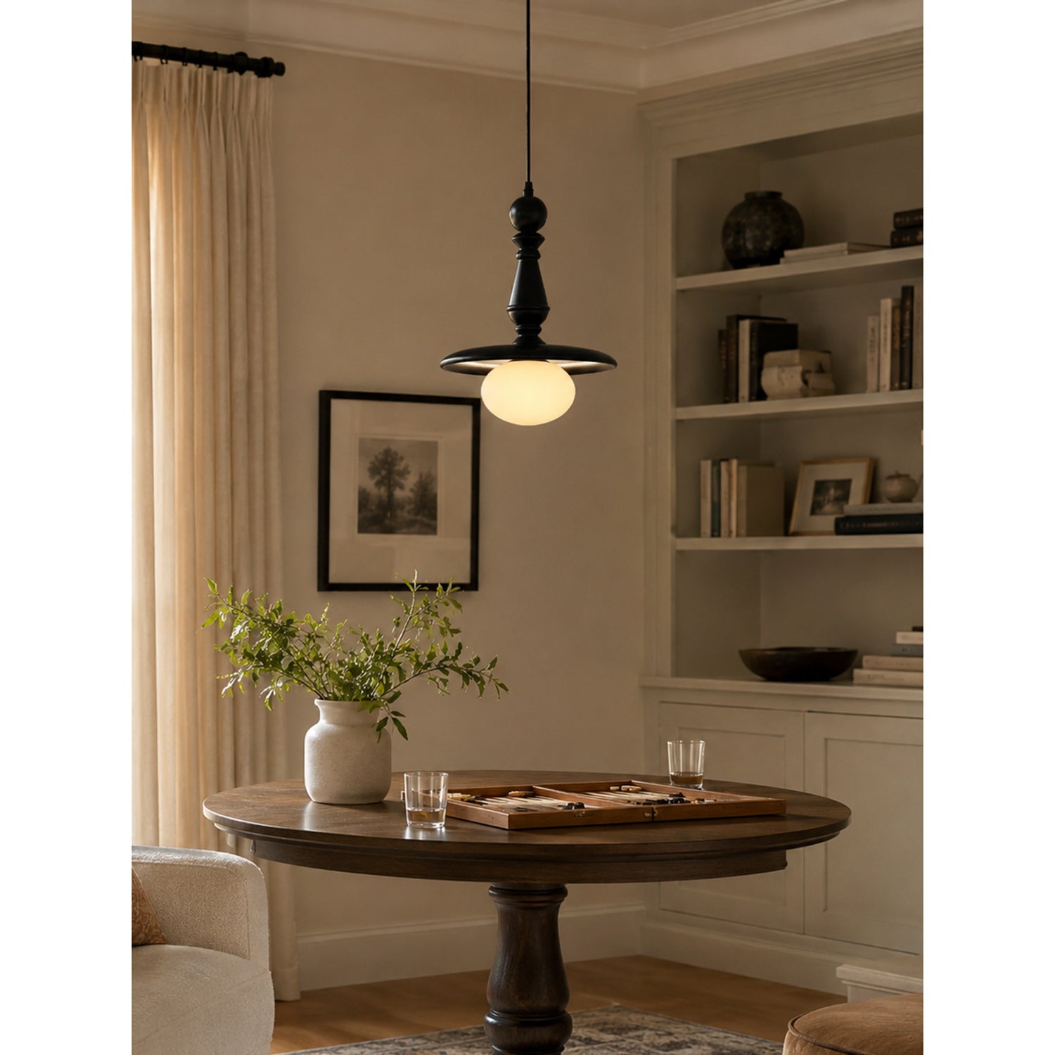 Turned Wood Spindle Pendant with Frosted Glass Globe