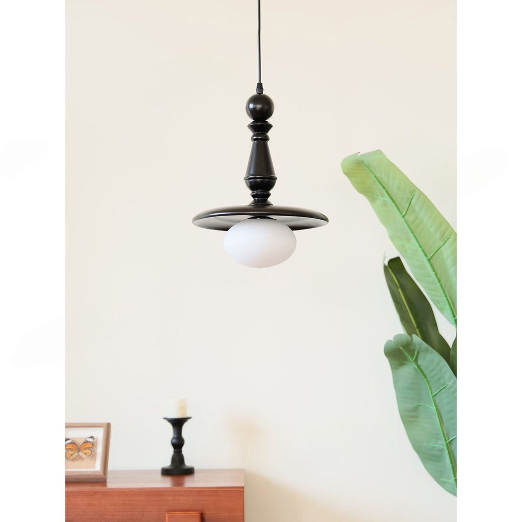 Turned Wood Spindle Pendant with Frosted Glass Globe