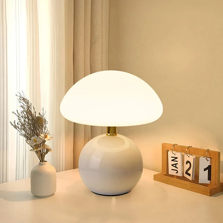 Velumière: Cream Mushroom Table Lamp – Retro Light for Bedroom & Living Room