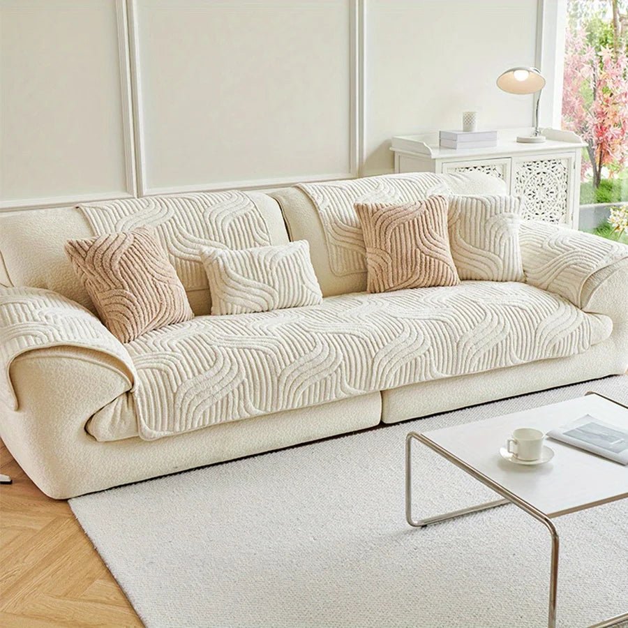 Velvet Sofa Cover Non Slip Striped Couch Protector Wave Striped Design
