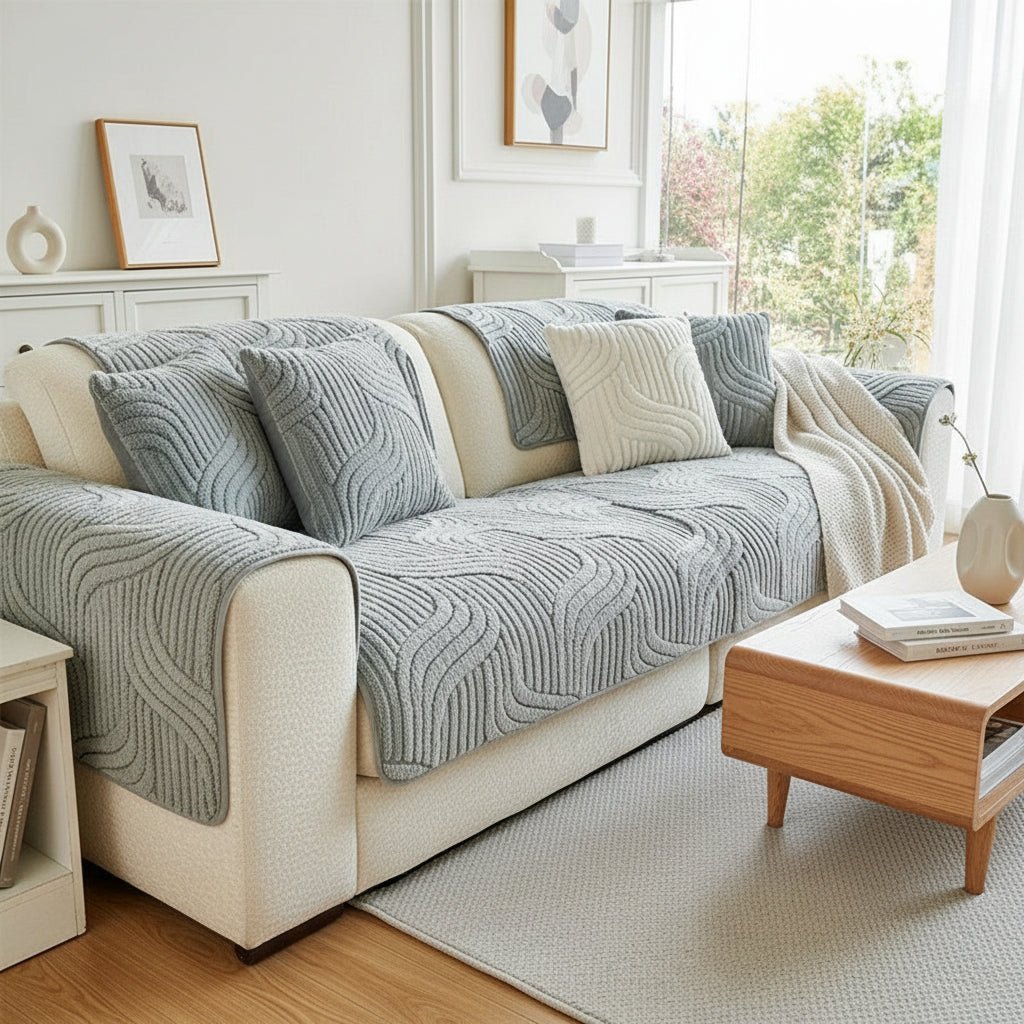 Velvet Sofa Cover Non Slip Striped Couch Protector Wave Striped Design