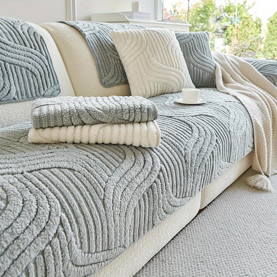 Velvet Sofa Cover Non Slip Striped Couch Protector Wave Striped Design