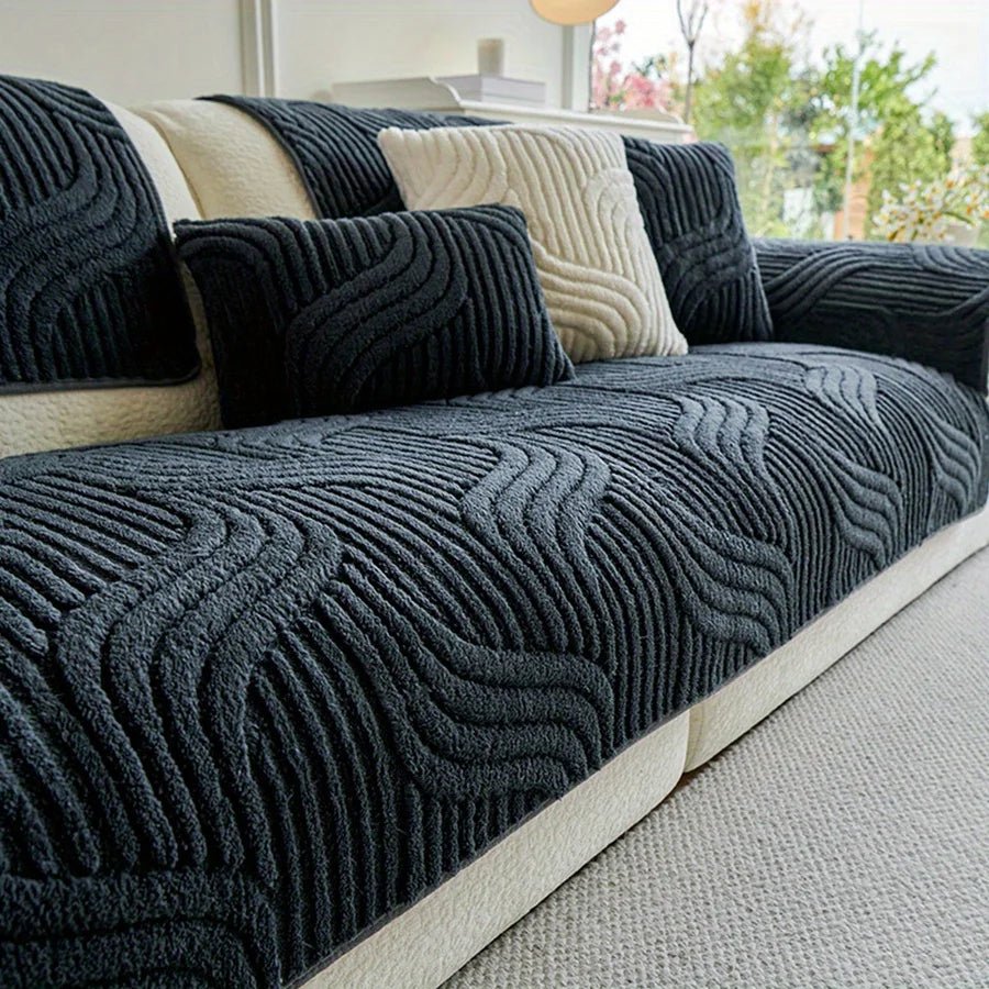 Velvet Sofa Cover Non Slip Striped Couch Protector Wave Striped Design