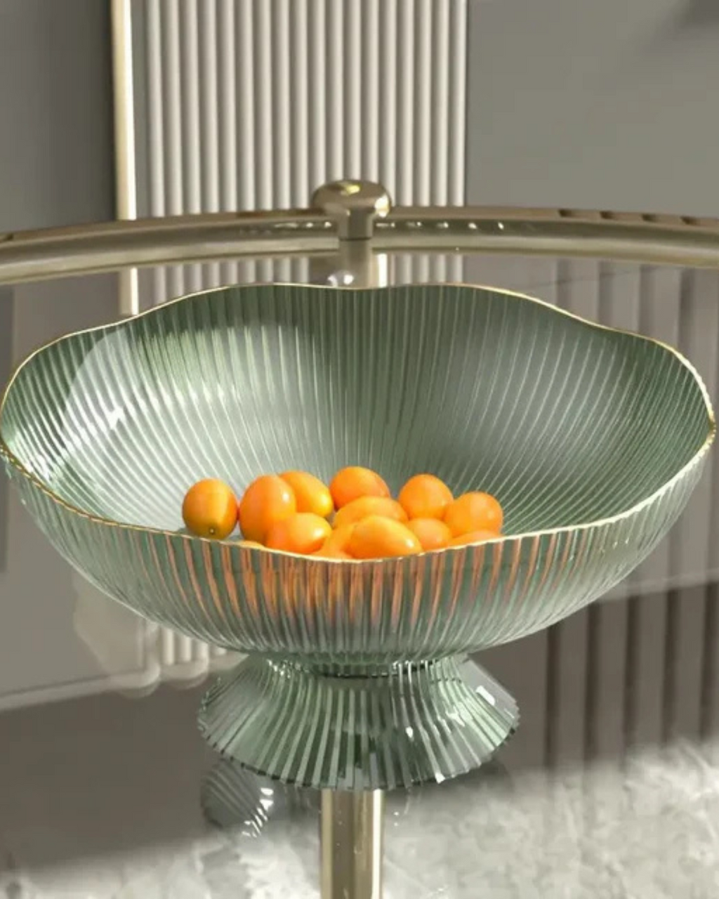 VéraLuxe: Ceramic Fruit Bowl with Ribbed Texture & Golden Edge – for Dining Table & Kitchen