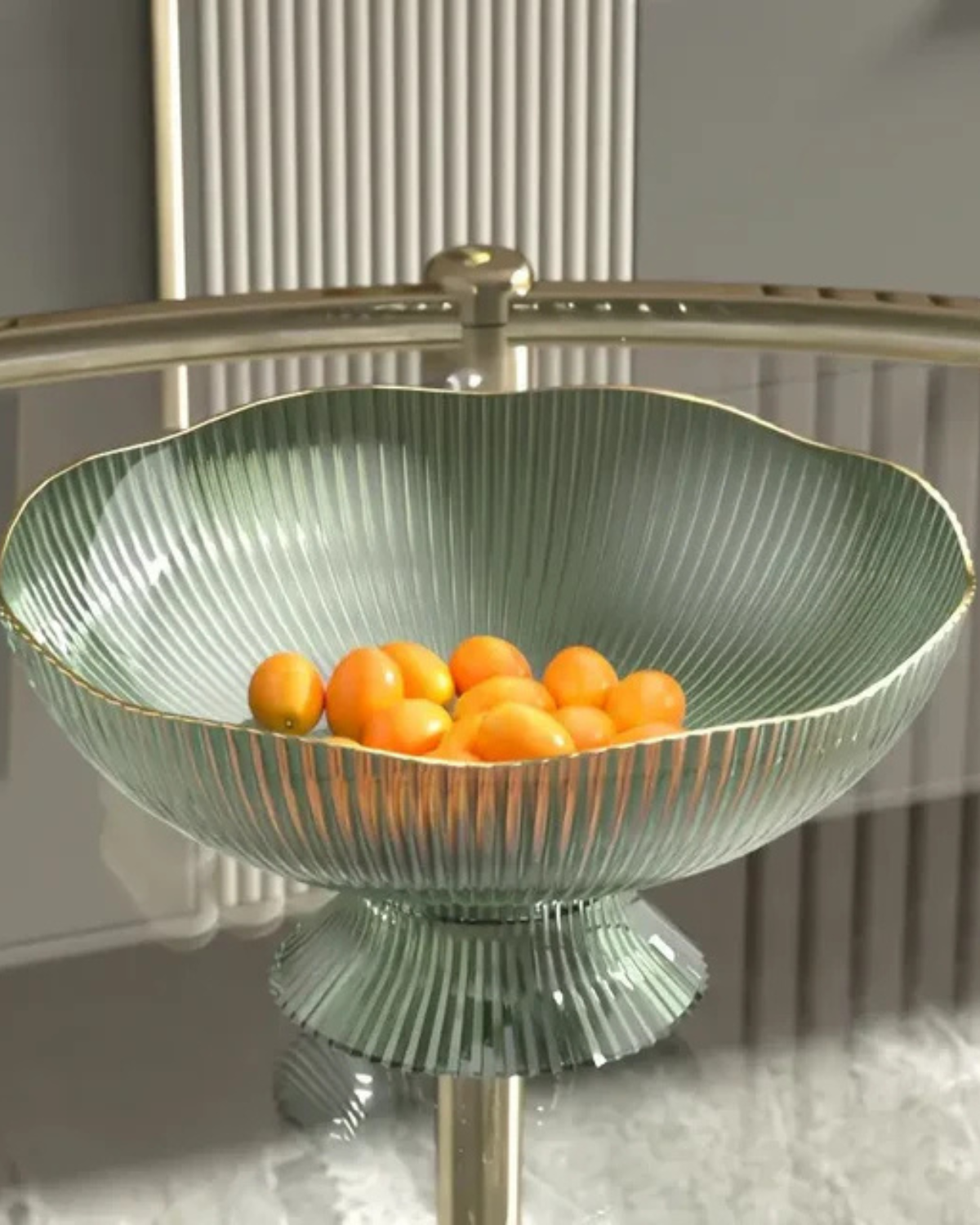 VéraLuxe: Ceramic Fruit Bowl with Ribbed Texture & Golden Edge – for Dining Table & Kitchen