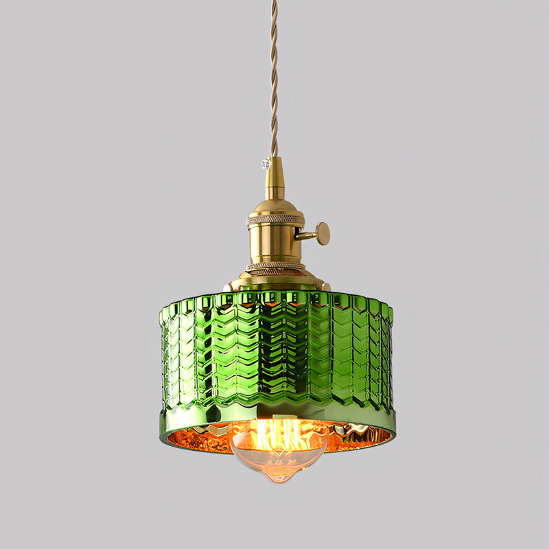 Emerald Scale-Textured Glass Pendant with Copper Trim