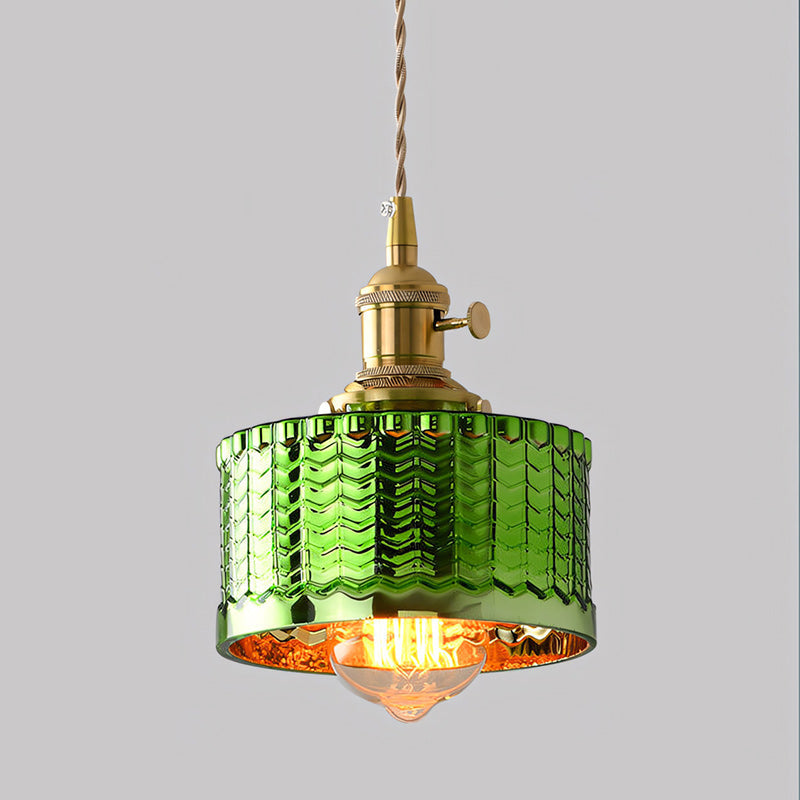 Emerald Scale-Textured Glass Pendant with Copper Trim