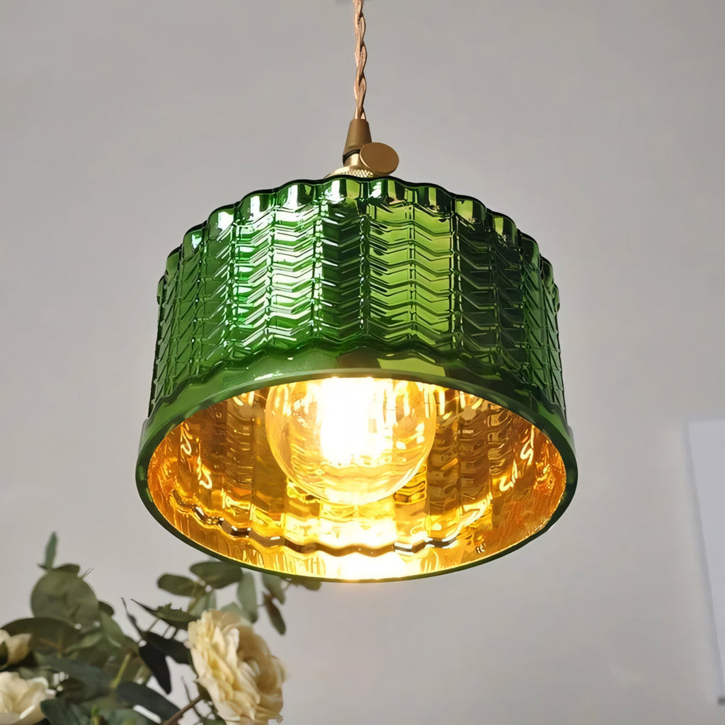 Emerald Scale-Textured Glass Pendant with Copper Trim