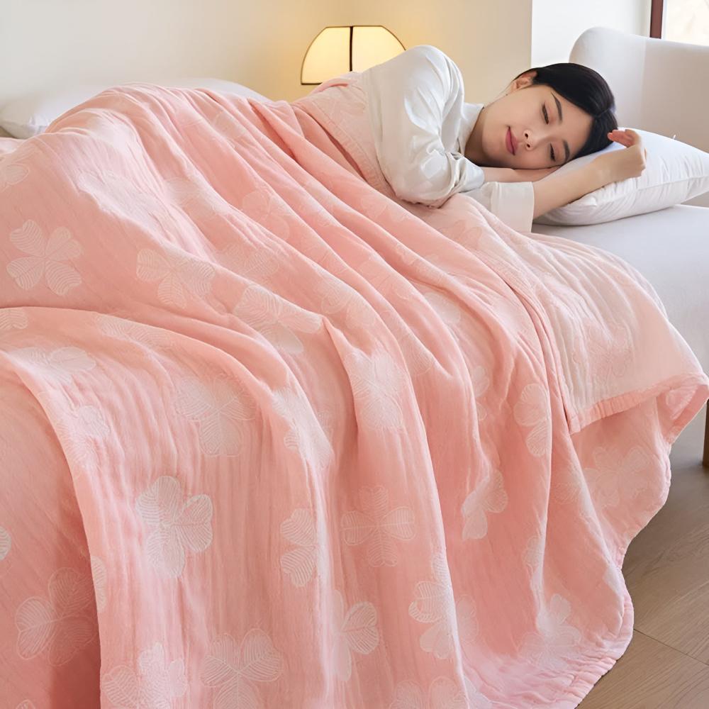 Four Leaf Clovers: Organic Cotton Blanket with 3-Layer Gauze Structure – for Bedroom & Living Room