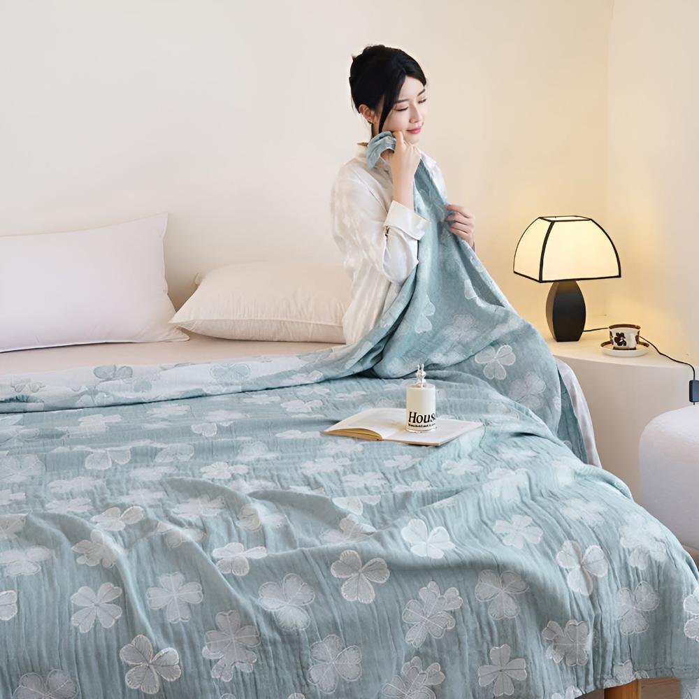 Four Leaf Clovers: Organic Cotton Blanket with 3-Layer Gauze Structure – for Bedroom & Living Room