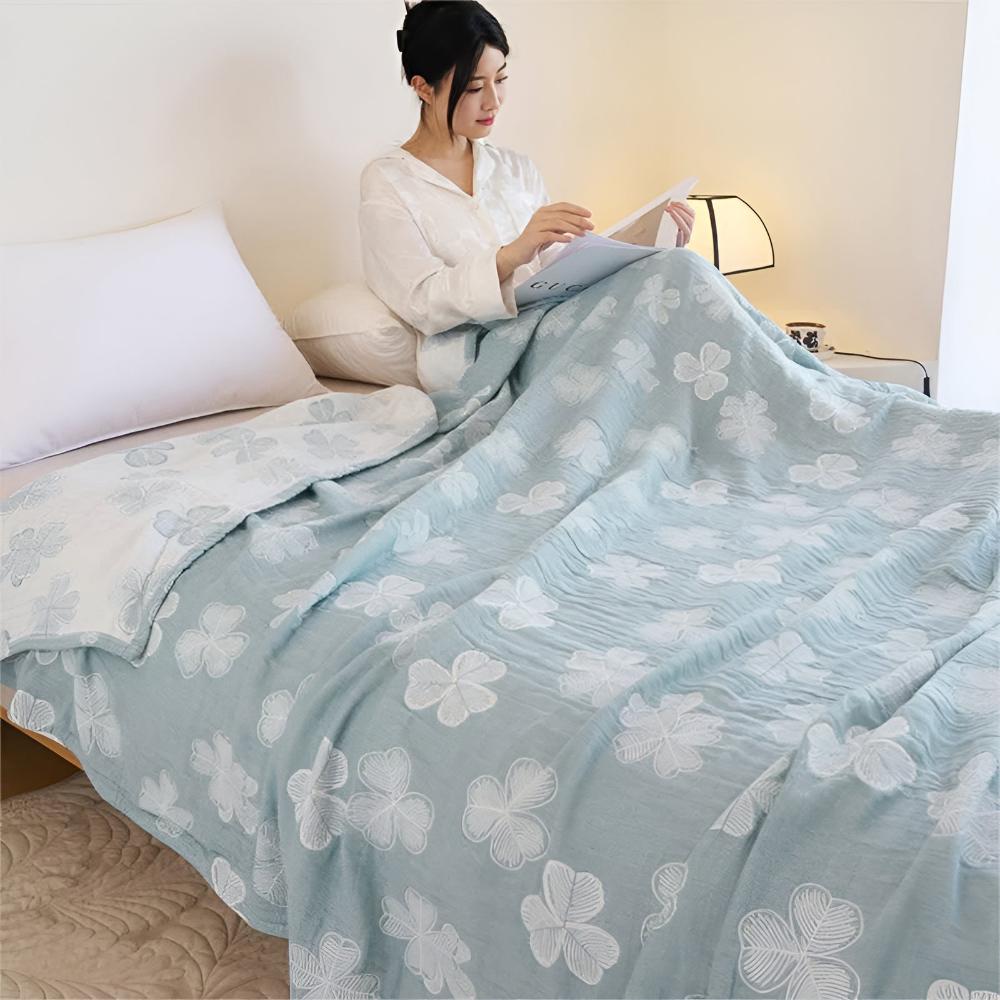 Four Leaf Clovers: Organic Cotton Blanket with 3-Layer Gauze Structure – for Bedroom & Living Room