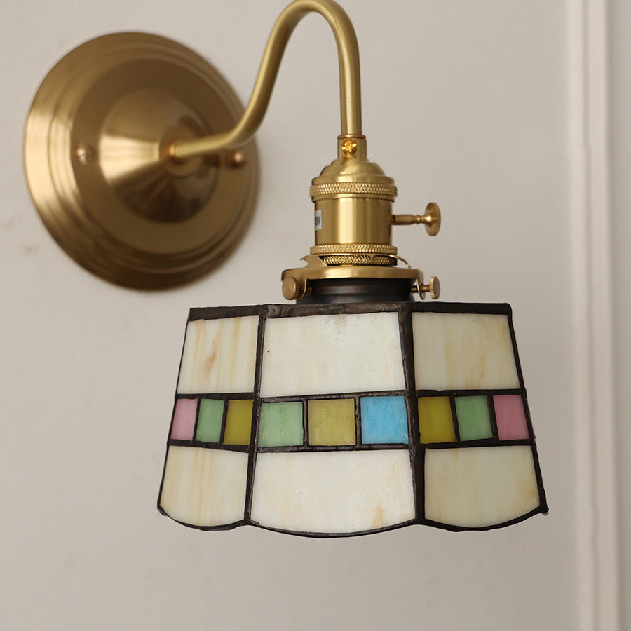 Vintage Tiffany Glass Brass Wall Sconce Lamp 1-Light