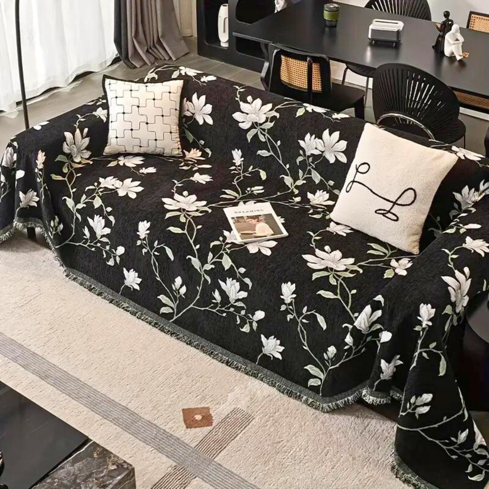 VintageBlüte: Decorative Sofa Cover with Floral Pattern & Elegant Fringes – for Couch & Living Room