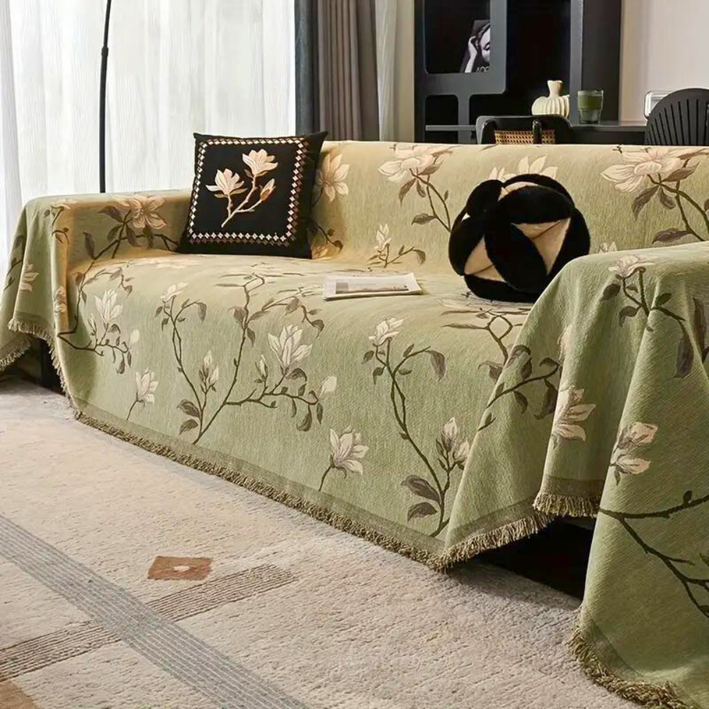 VintageBlüte: Decorative Sofa Cover with Floral Pattern & Elegant Fringes – for Couch & Living Room
