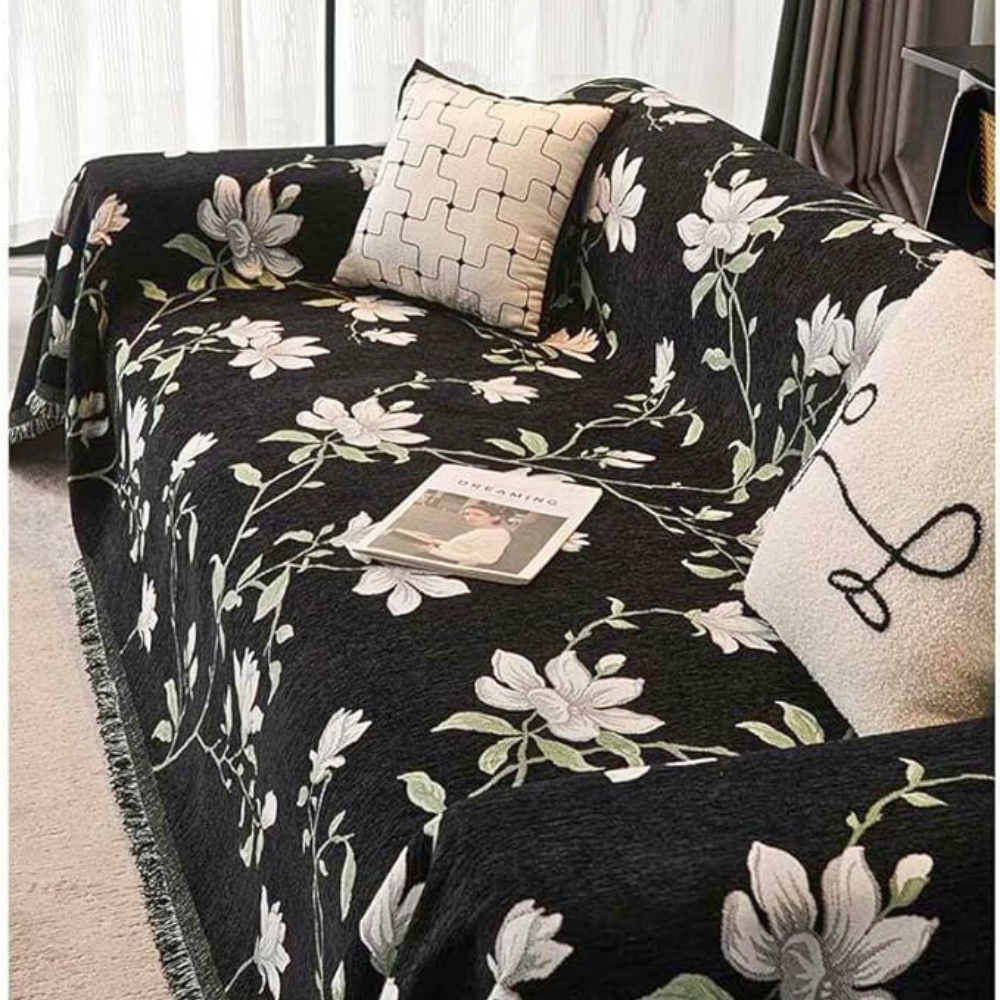 VintageBlüte: Decorative Sofa Cover with Floral Pattern & Elegant Fringes – for Couch & Living Room