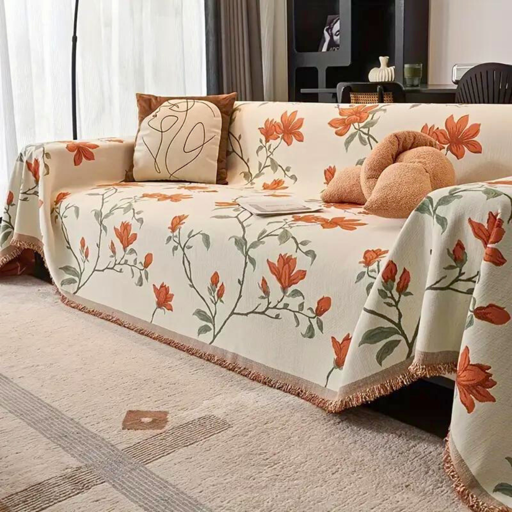 VintageBlüte: Decorative Sofa Cover with Floral Pattern & Elegant Fringes – for Couch & Living Room
