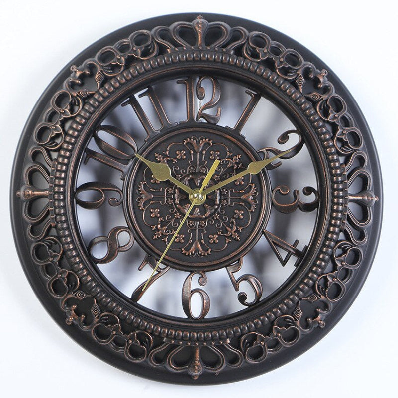 Vintage Indoor Wall Clock with Ornate Resin Frame Quartz Movement