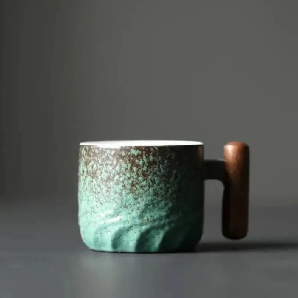 Espresso Cup 80ml Ceramic Wooden Handle Vintage Style
