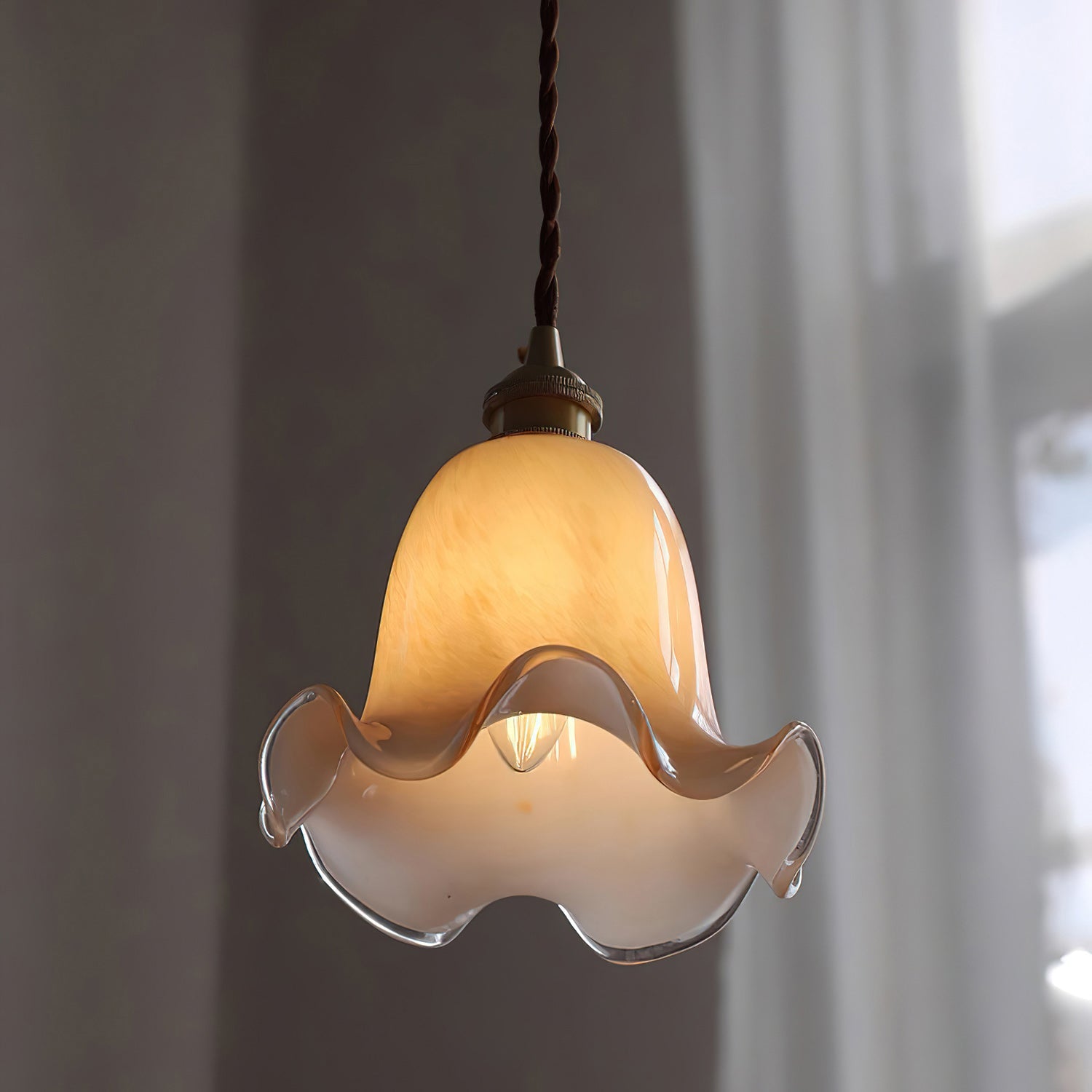Vintage Brass Flower-Shaped Glass Pendant Light