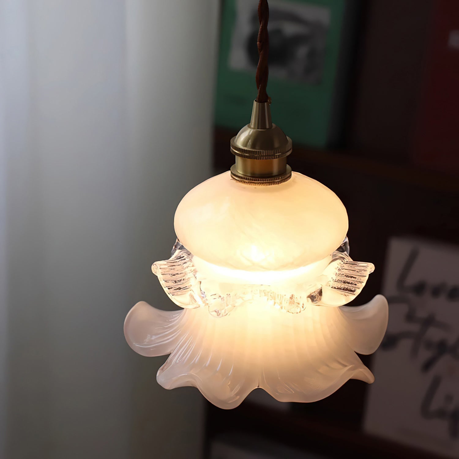 Vintage Brass Flower-Shaped Glass Pendant Light