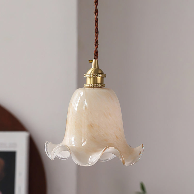 Vintage Brass Flower-Shaped Glass Pendant Light